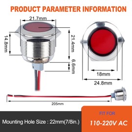 DMWD 2PCS 22mm Metal Indicator Light Mounting Hole 7/8", 110-220VAC 20mA Waterproof IP67 Single lamp LED Pilot Lamp Flat Head with 20cm/7.87in. Wire for Car Truck Boat(Red LED)