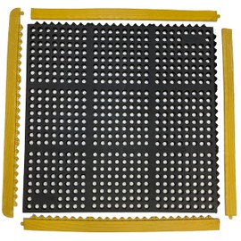 Rhino Mats G-Series Anti-Fatigue Drain Thru Rubber Mat (Grit Surace), 3’ X 3’ X 1/2”, Black Interlocking Restaurant Kitchen Drainage Non-Slip Floor Mat with Yellow Bevel KIT