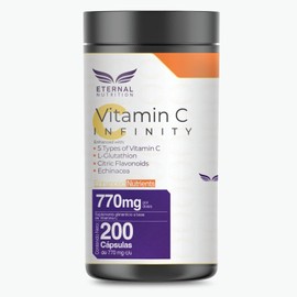 Vitamin C Infinity Glutathione | 200 Cápsulas (770mg por porción) | Complejo de Vitamina C con Glutatión, Zinc y Flavonoides | Eternal Nutrition | Ingredientes Naturales Premium de USA