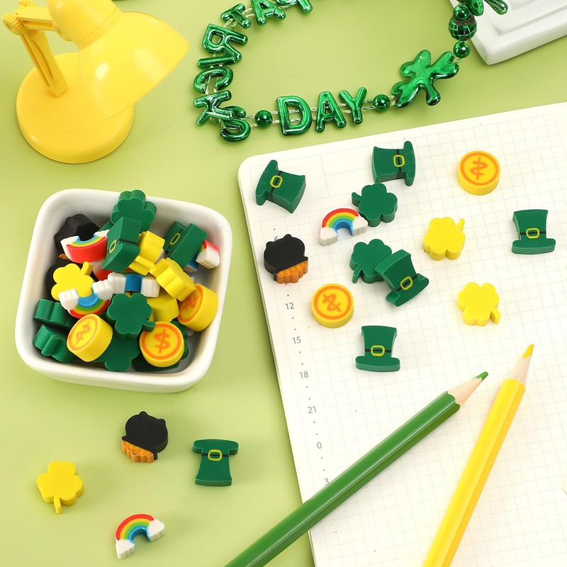 JUNEBRUSHS Erasers for Kids, 150Pcs St. Patrick's Mini Erasers Cute