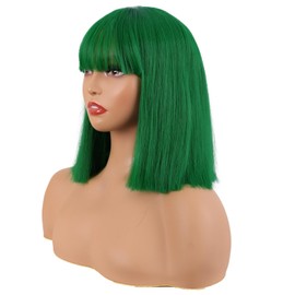 MapofBeauty 12 Inch/30 cm Straight Bob Flat Bangs Short Colorful Synthetic Hair Cosplay Party Wig (Grass Green)