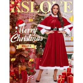 RSLOVE Christmas Dresses for Women - Mrs Claus Santa Costume with Removable Hooded Cape and Belt Holiday Party Outfit Red Medium
