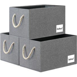 ASXSONN Extra Large Storage Bins, Foldable Storage Baskets for Shelves, Closet Storage Bins with Label & Cotton Rope Handles (3 Pack, 15.75"x11.8"x10.2", Grey)