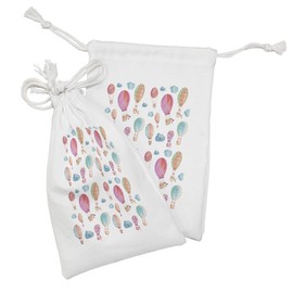 Ambesonne Watercolor Fabric Pouch Set of 2, Hand Painted Style Floating Hot Air Balloons Clouds Print, Small Drawstring Bag for Toiletries Masks and Favors, 9" x 6", Blue Pink Coral