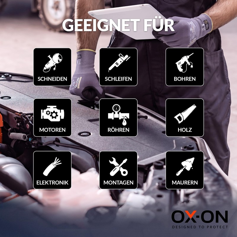 OX-ON Flexible Advanced 1900 Grey Work Gloves, Durable Safety Gloves,