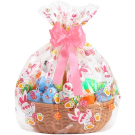 Shintop 10pcs Easter Basket Bags with Expandable Bottom, 23.6x25.6x6.3 Inch Large Cellophane Gift Wrap Bags with 12pcs Ribbons Clear Plastic Basket Covers for Toys Eggs Treats