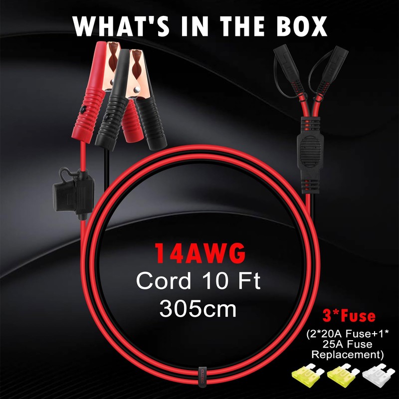 CUZEC 10FT/3.05m 14AWG 20A Battery Alligator Clip to 2 SAE