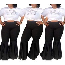 Aro Lora Women's Plus Size High Waist Ruffle Casual Party Club Flare Bell Bottom Pants XXX-Large Black