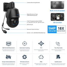 PANOEAGLE 5MP PTZ POE IP Camera Outdoor,Auto Tracking,18x Optical Zoom,5MP@30fps,Smart Human Vehicle Detection,256G Card Slot,Two-Way Talk,330ft IR Night Vision(Black)