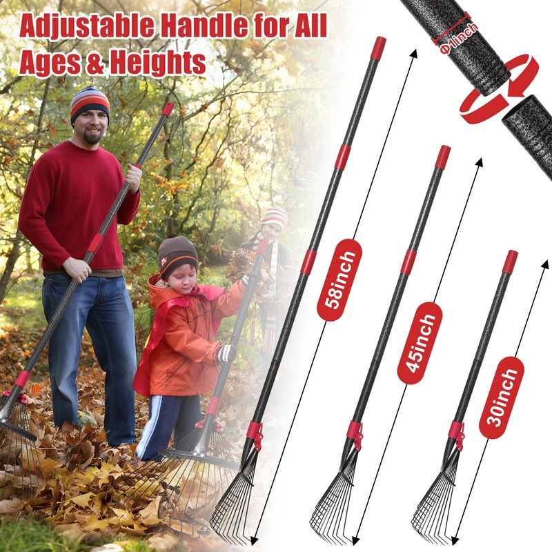 Adjustable Garden Leaf Rake - 58" Heavy Duty Metal Leaves