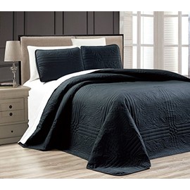 Grand Linen - 3-Piece Black Oversize Stella Grande Bedspread Queen Size Embossed Coverlet Set 106 by 100-Inch
