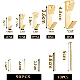 120 PCS 5 Sizes Picture Hanging Kit - Heavy Duty Wall Hooks for Frames & Mirrors - Gold Metal Hangers with Nails for Drywall, Wood, Concrete & Brick Walls (10/20/30/50/100lbs)