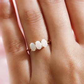 TJC Opal Trilogy Ring In 14ct Gold Plated 925 Sterling Silver for Women Size L Prong Setting October Birthstone