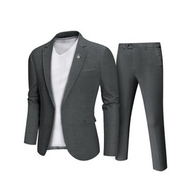 MrSure Mens 2 Piece Regular Fit Linen Suit, Casual Blazer Pants Set, Lightweight Jacket Trouser for Wedding Prom Deep Grey Large