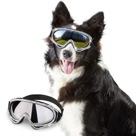 WOOFUU Pet Sunglasses for Dogs and Cats – UV Protection Glasses with Diamond Accents, Silver-Reflective Lenses, Lightweight & Secure Fit (for Medium to Large Breeds)