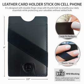 Universal Alban Leather Stick On Cell Phone Wallet with Finger Strap & RFID Blocking