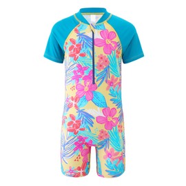 Moon Tree Girls Short Sleeve Rash Guard One Piece Swimsuits Zipper Front Bathing Suit Sun Protection Cyan Blue Floral Size 6