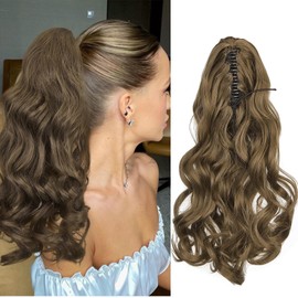 Cybelleza Ponytail Extension Curly Wavy Claw Jaw Pony Tail 18" One Piece Clip in Hair Extensions Ponytail Hairpiece Synthetic Long Natural for Women, Golden Brown