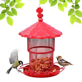 Metal Bird Feeder Tube Hanging Bird Seed Feeder Squirrel Proof Birds Feeder for Outside Decoration, Large Capacity Feeder for Outdoor Garden,Red