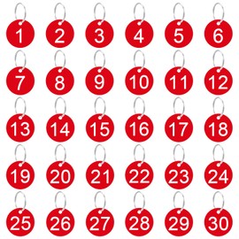 TIESOME 1-30 Plastic Number Tags, 30 Pcs Red Round Number Tags with Metal Rings 35mm Numbered Keychains Item Identifiers for Home Office and Garage Dormitory Keys House Lockers (Red)