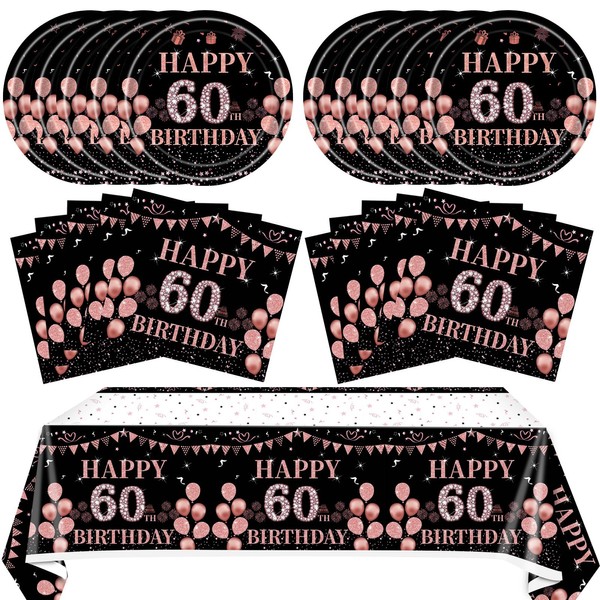 41PCS 60th Birthday Decorations for Women Vintage 1963 Party Supply Black And Rose Gold Including Plates Napkins tablecloth 60th Birthday Party Decorations For Women