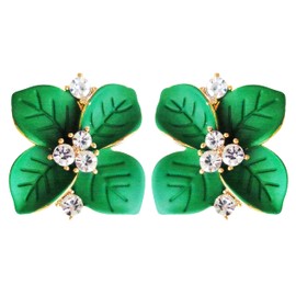 Navachi 18k Gold Plated Colorful Crystal Green Enamel Leaves Flower Clip On Az1161 Earrings
