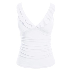 Yonique Women's Tankini Top Only Tummy Control Bathing Suit Top Ruffle Swimsuit Top V Neck Swim Tank Top No Bottom White M