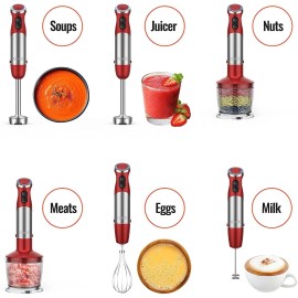 KOIOS 1000W Hand Immersion Blender 12 Speed 5-in-1 Electric Stainless Steel Blade Red
