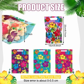 Capoda 60 Pcs Luau Party Favor Bags Hawaiian Gift Bags with Handle Tropical Palm Leaf Hibiscus Goodie Snack Candy Plastic Pouch Hawai Luau Party Gift Wrapping Supplies for Summer Tropical Aloha Tiki
