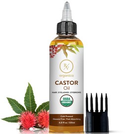 RV Organica Castor Oil for Hair | USDA Certified Organic Castor Oil for Eyelashes Eyebrows Hair growth | Cold pressed | for men and women | 4 fl oz