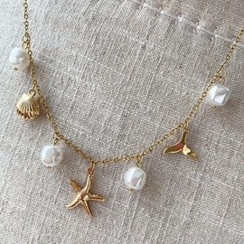 Hebterrka Charm Necklace for Women, Pearl Starfish Shell 14k Gold, Summer Beach Surfer Jewellery Necklace Gifts, gold