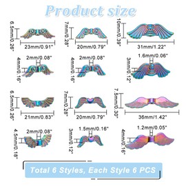 PandaHall 36pcs Angle Wing Beads, 6 Styles Tibetan Guardian Angel Beads Fairy Wing Charms Metal Alloy Spacer Beads for Jewelry Necklace Earring Keychain, Wedding Gift Decoration, Rainbow Color