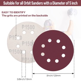 STEBRUAM 100PCS 125mm Sanding Discs 1500 Grit, 5 Inch 8 Hole Hook and Loop Sanding Pads for Random Orbital Sander