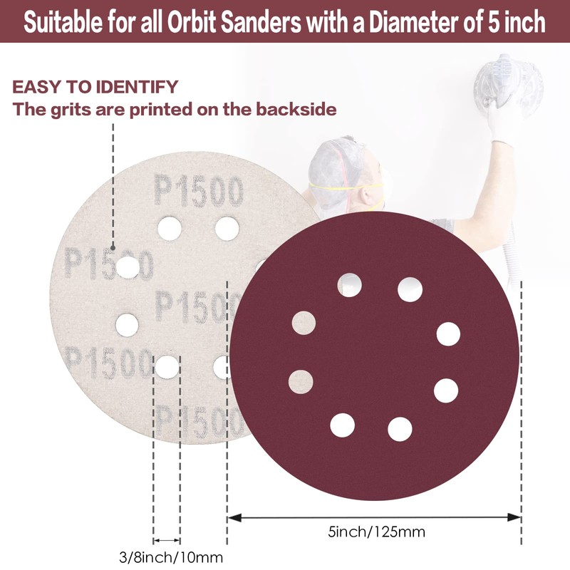 STEBRUAM 100PCS 125mm Sanding Discs 1500 Grit, 5 Inch 8
