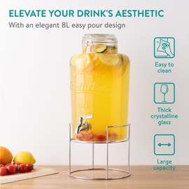 Navaris Glass Water Dispenser with Tap - 8L / 2.1 Gallons - Wide Mouth Drink Dispenser w/Silver Stand & Stainless Steel Spigot - Jar for Juice, Cocktail, and other Drinks
