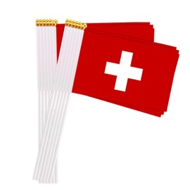 25 Packs Small Switzerland Flags on Handheld Stick，Miniature Swiss Flag for Outside,4x6 Inch Mini Hand Held Banner with Golden Topper,Patriotic Decorations