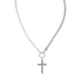 Delight Jewelry Silvertone Pebble Cross Stronger Braver Smarter Mixed Cable and Imitation Pearl Chain Choker Necklace, 14.75-17"