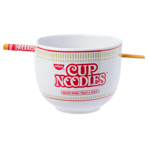 Silver Buffalo Nissin Cup Noodles Classic Cup Graphic Ceramic Ramen Bowl with Chopsticks, 20 Ounces