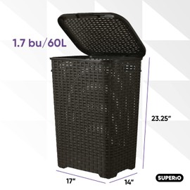 Plastic Laundry Hamper with Lid 3 Pack Laundry Hamper Basket, Brown Tall Cloths Hamper Organizer with Cut-out Handles. Space Saving for Laundry Room Bedroom Bathroom, Wicker Design 60 Liter