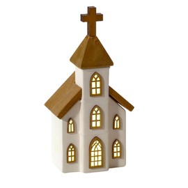 Carousel Home LED Ceramic Christmas Church | Light Up Ceramic & Wood Chapel Ornament | Festive Village Decoration - 23cm