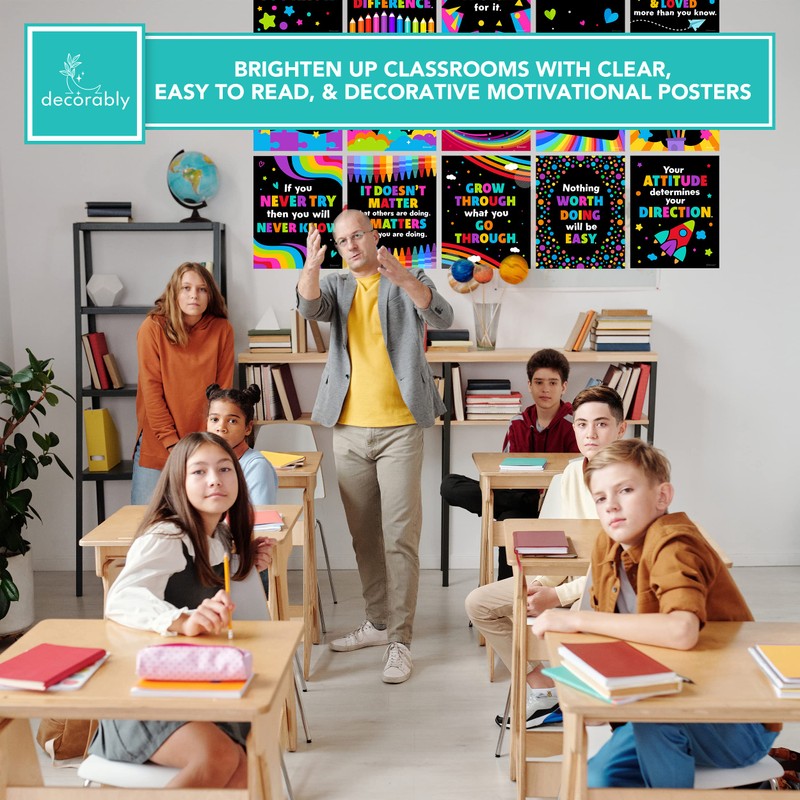 Decorably 15 Chalkboard Motivational Posters for Classroom, 11x14in Matte-Laminated Motivational
