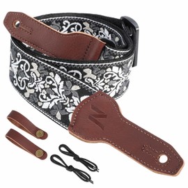 Nefelibata Banjo Strap, 2"Wide Full Grain Cowhide Guitar Strap Adjustable Replacement,Multi-pattern Guitar Strap With Headstock Rope and Leather Headband(White Flower Embroidery)