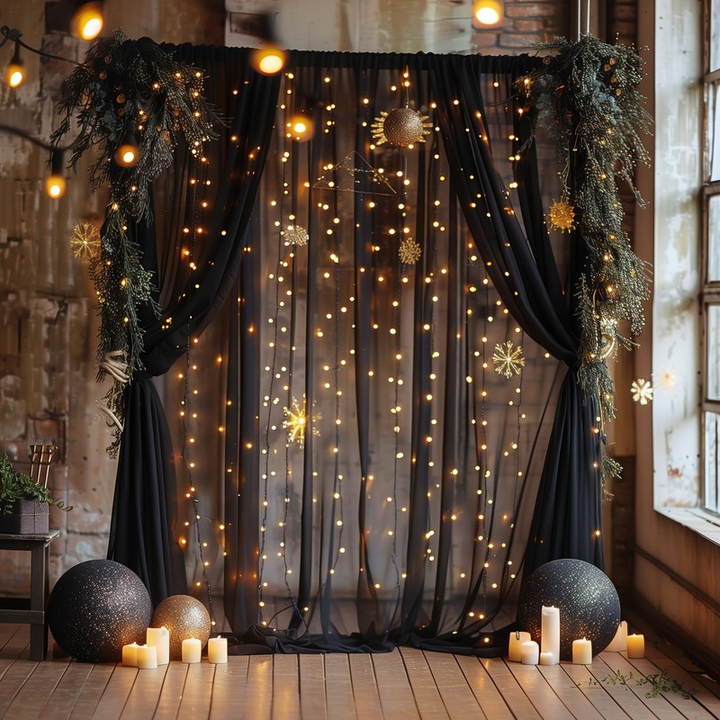 Fomcet Black Tulle Backdrop Curtains with Lights String 10FT X