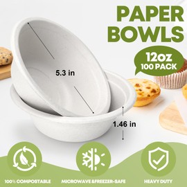 W&Y 12 oz Paper Bowls, 100-Count Disposable Compostable Bowls, Microwave Safe & Heavy Duty, Biodegradable Sugarcane Fiber Bowl for Hot Soup, Salad, Snacks, and Party Use