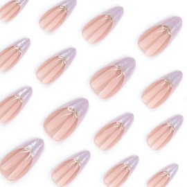 Valentines Almond Press on Nails Medium Length Fake Nails with Glue Glitter French Tip False Nails with Bow Design Nails Glossy Full Cover Glue on Nails Artificial Nails for Women 24Pcs