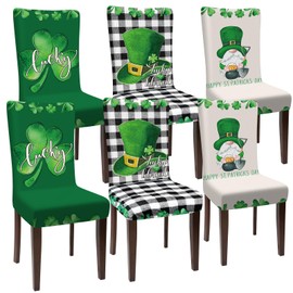 Preboun 6 Pcs St. Patrick's Day Chair Covers St Patricks Day Chair Slipcovers Check Plaid Shamrock Lucky Clover Green Hat Dining Protector St Patricks Day Dining Seat Covers for Dining Hotel Party
