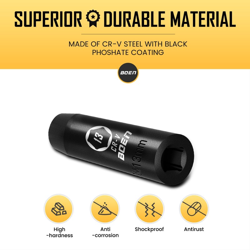 BOEN 3/8" Drive Deep Impact Sockets, Premium Impact Socket, 13mm