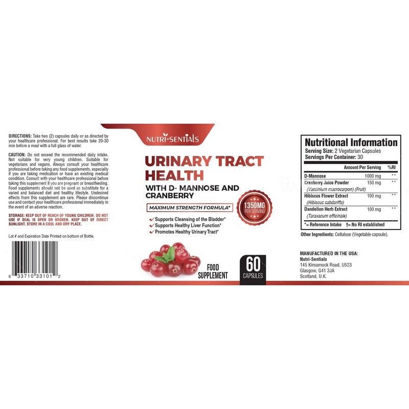 Urinary Health Support D-Mannose Capsules with Cranberry Extra Strength Support