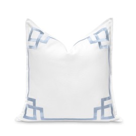 Hofdeco Premium Coastal Patio Indoor Outdoor Throw Pillow Cover Only, 20"x20" Water Repellent for Backyard, Couch, Baby Blue Embroidered Frame Greek Key