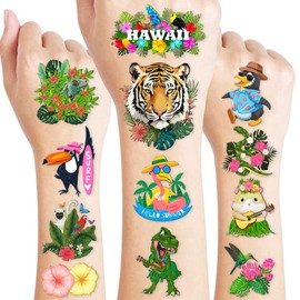 100 piezas de animales de Hawaii, decoraciones de fiesta de cumpleaños, suministros de aloha, hojas de selva, flamenco tropical, tortuga, animales, Hawaiiam, Leis, tatuajes temporales, para niñas y